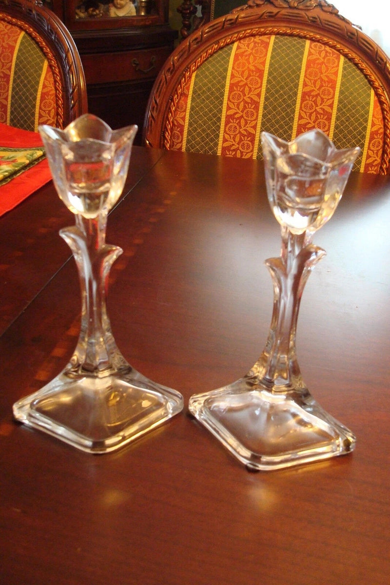 DePlomb pair of Crystal candle holders tulip shape, made in USA