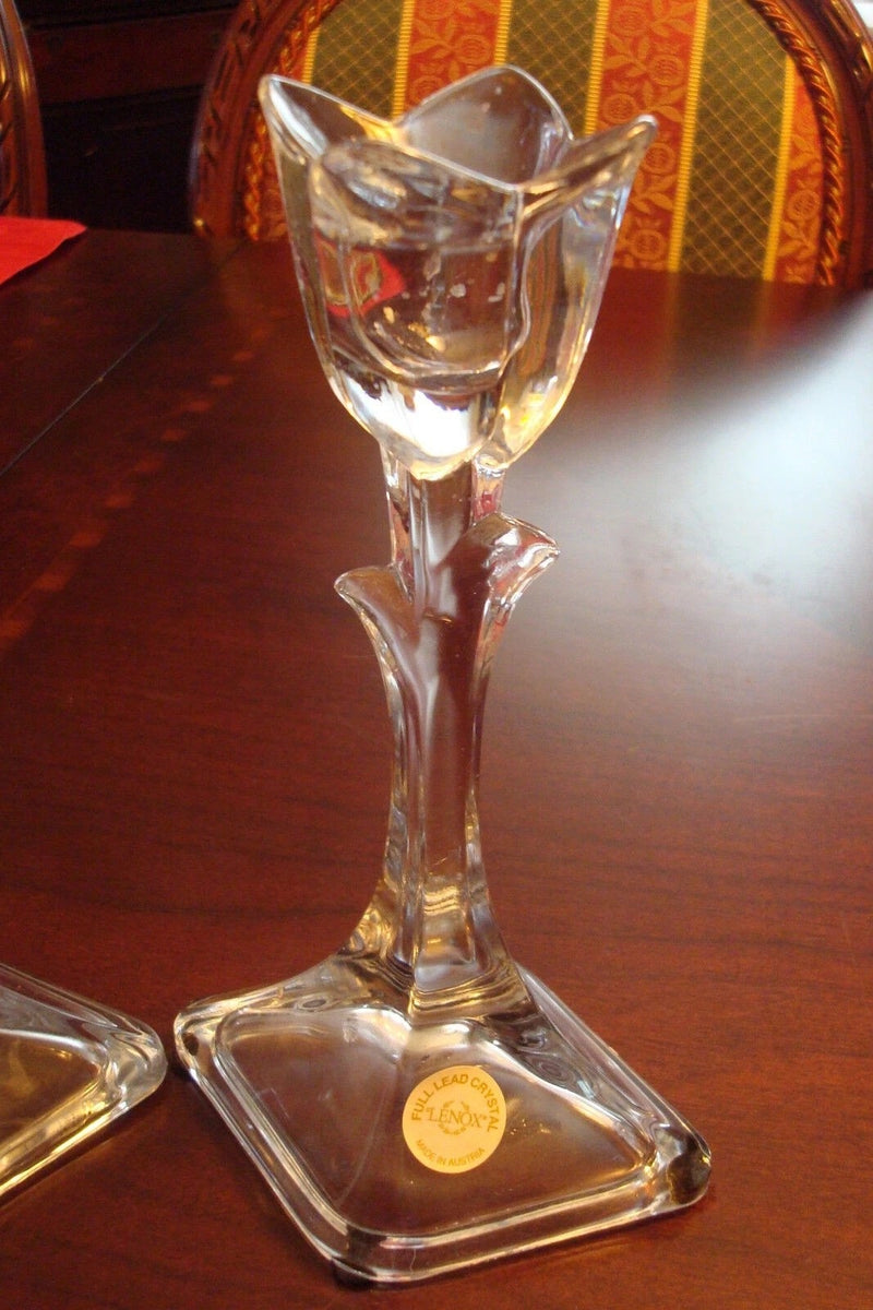 DePlomb pair of Crystal candle holders tulip shape, made in USA