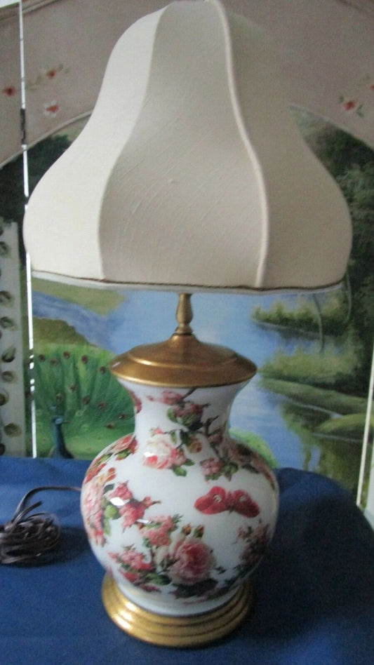 Midcentury Table Lamp Transfer Roses Butterflies On Glass Superb! 27" To Top