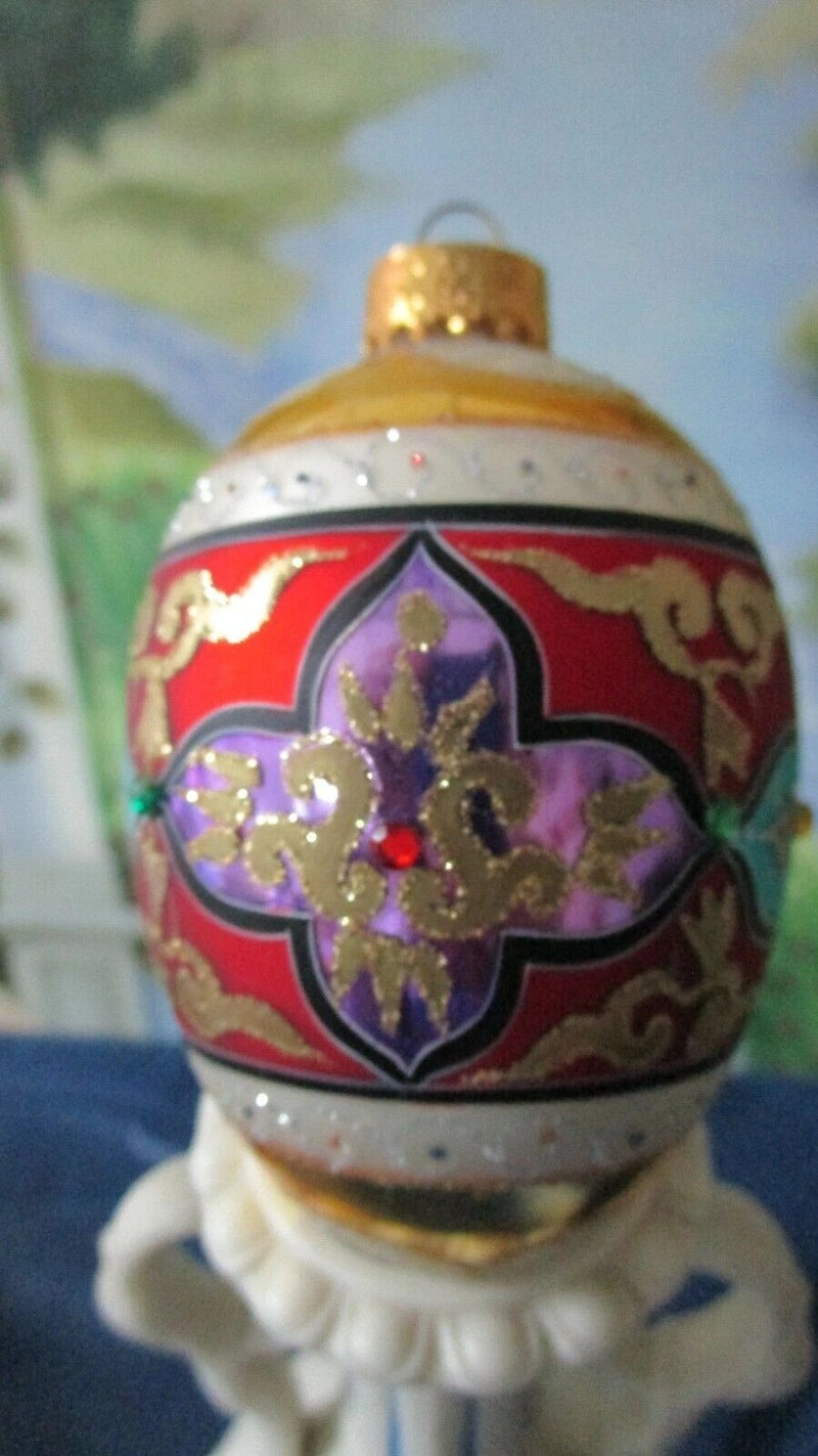 CHRISTMAS EGG  ORNAMENT GLASS UT~VINTAGE RHINESTONES GLITTERED MINT