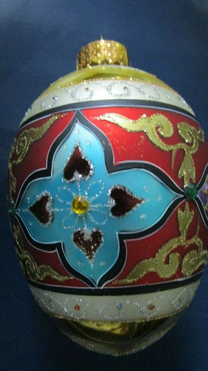 CHRISTMAS EGG  ORNAMENT GLASS UT~VINTAGE RHINESTONES GLITTERED MINT
