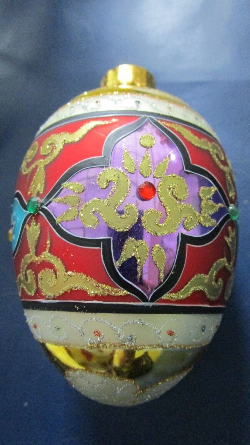 CHRISTMAS EGG  ORNAMENT GLASS UT~VINTAGE RHINESTONES GLITTERED MINT