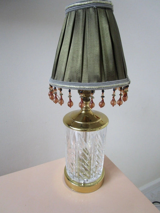 Mid Century Table Lamp Cut Crystal And Brass Beaded Shade 11" Original