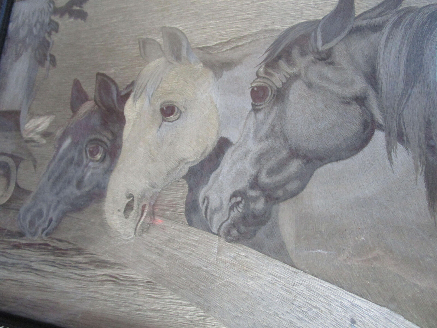 VINTAGE WOVEN SILK PAINTING ART THREE HORSES 16 1/2  12 1/2"