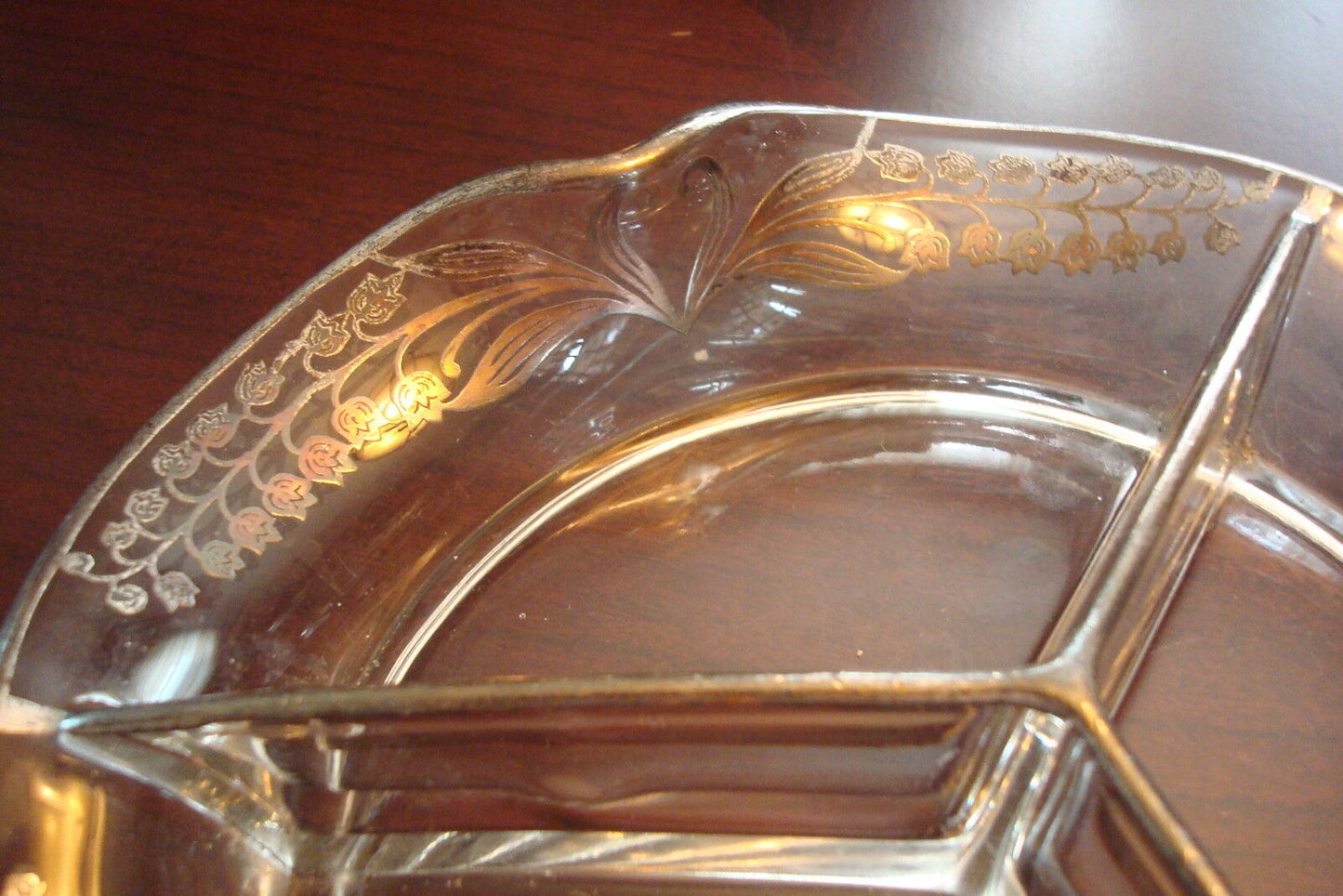 ANTIQUE  HEISEY lass Crystal 3 division Fluted Bowl Sterling Overlay, 2" x 9"