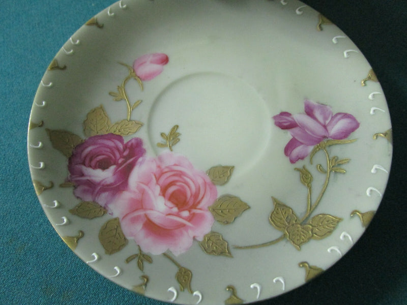 BISQUE FOOTED FLORAL CUP AND SAUCER MADE IN JAPAN HAND PAINTED [170C]