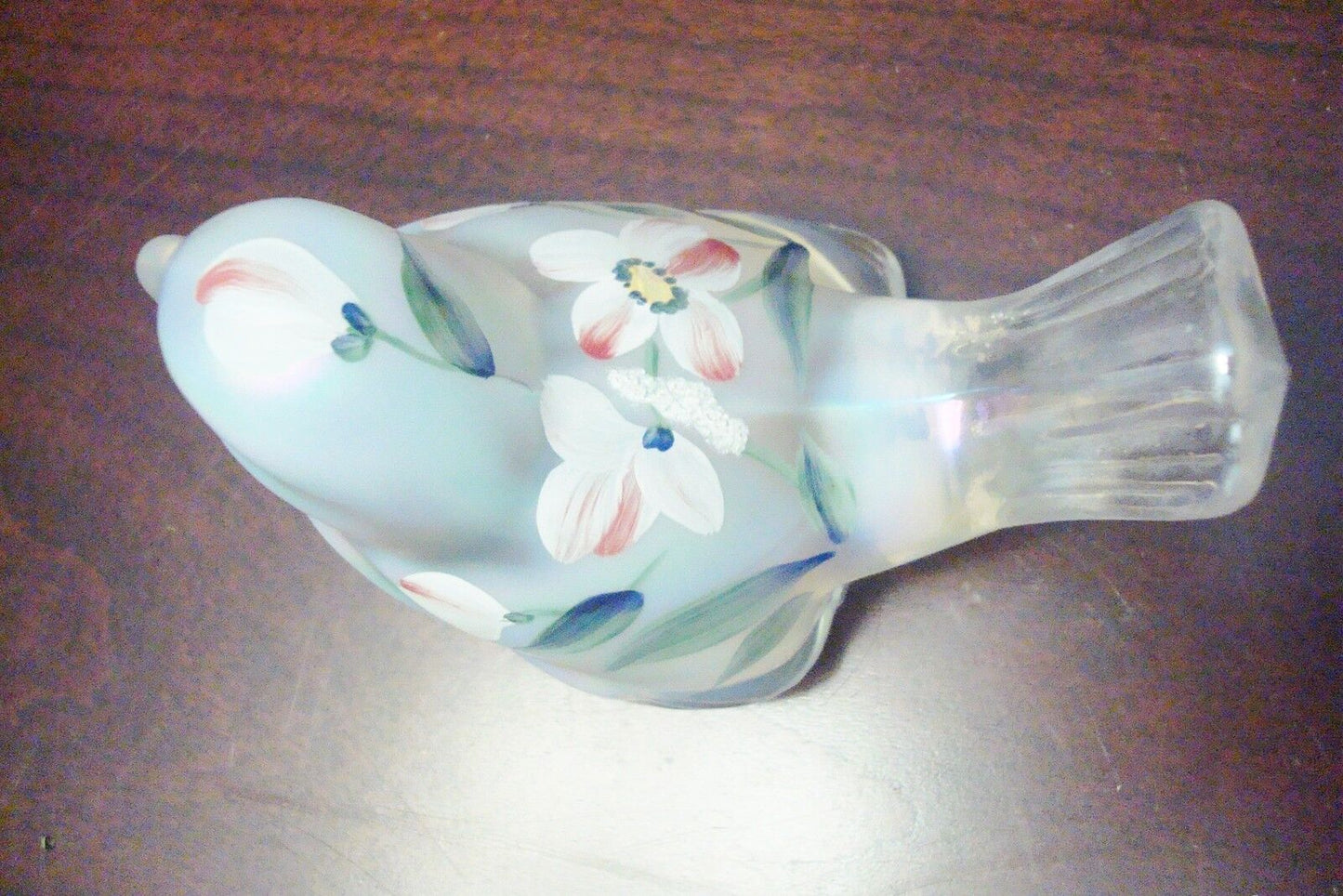 Vintage Fenton  Hand Painted Roses Signed Clear Satin Romance Roses bird [aA]