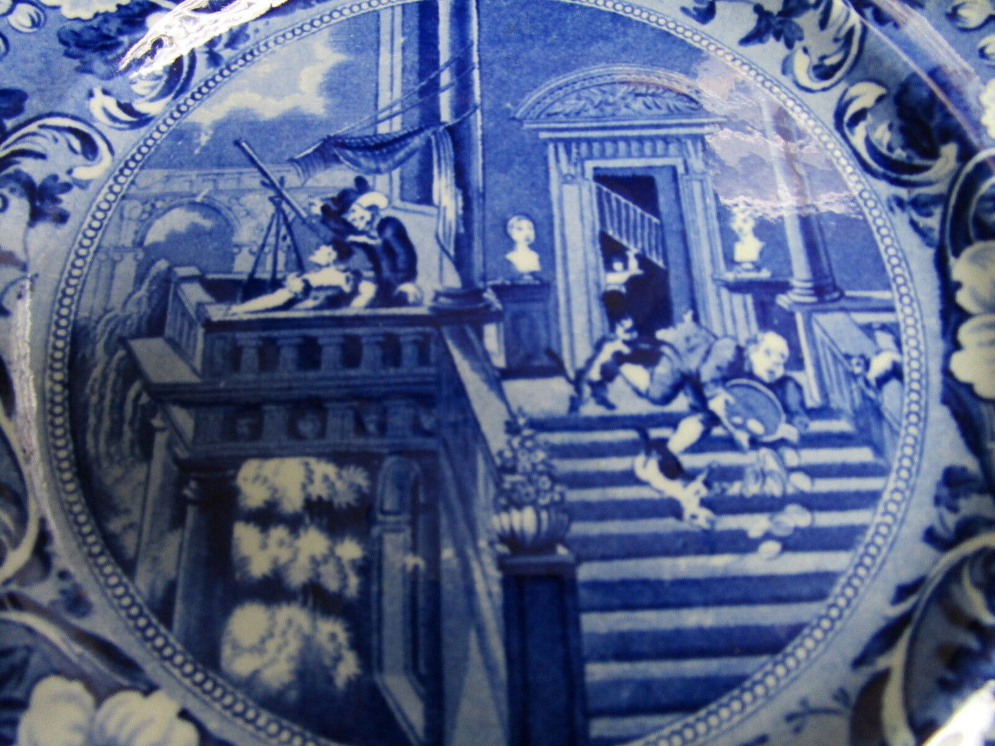 1800s Clews Staffordshire Blue Transfer Plate "Doctor Syntax Stargazing"  [pb63]