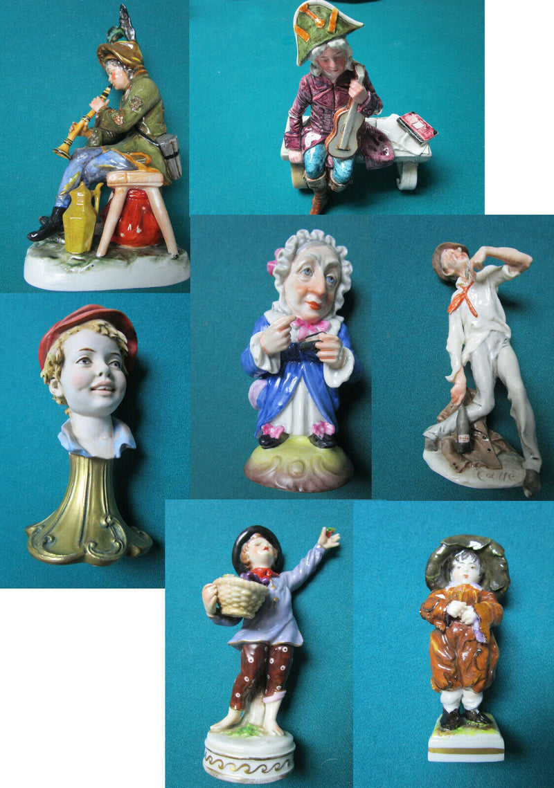 CAPODIMONTE FIGURINE ITALY MIDCENTURY DRUNK - OLD LADY - FLUTE MAN- BENCH GENTLE