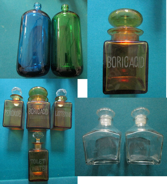 CZECH BOTTLES BLUE GREEN CRYSTAL ANTIQUE AMBER PHARMACEUTICAL -LAVORIS PICK1
