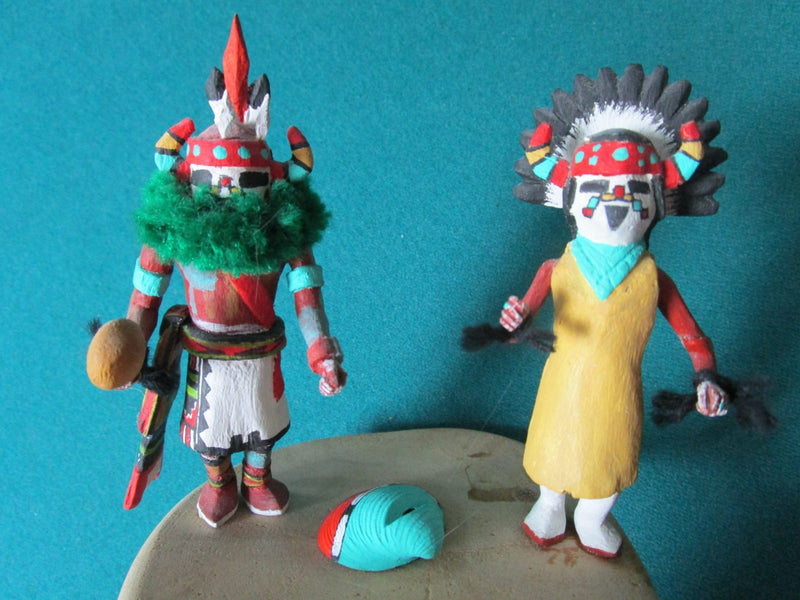 SOUTHWEST POLYCHROME CARVING HOPI KACHINA, DOUBLE FIGURINE SIGNED "HONWYTEWA"
