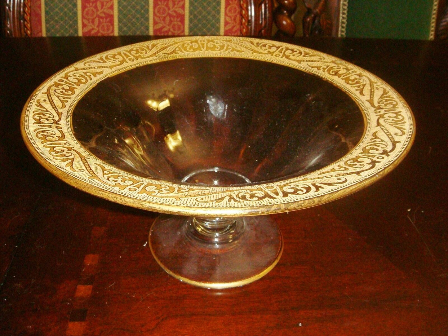 Amber Compote with Etched and Gold ENCRUSTED Rim, 4 1/2" tall [GL15]