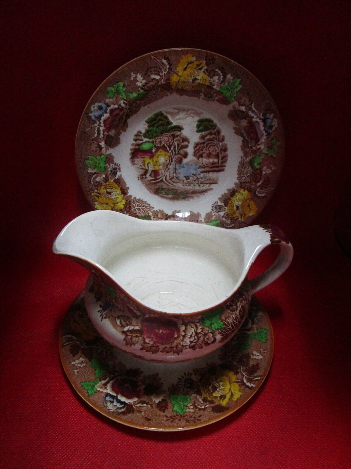 Woods & Sons ware gravy boat with underplate and soup plate