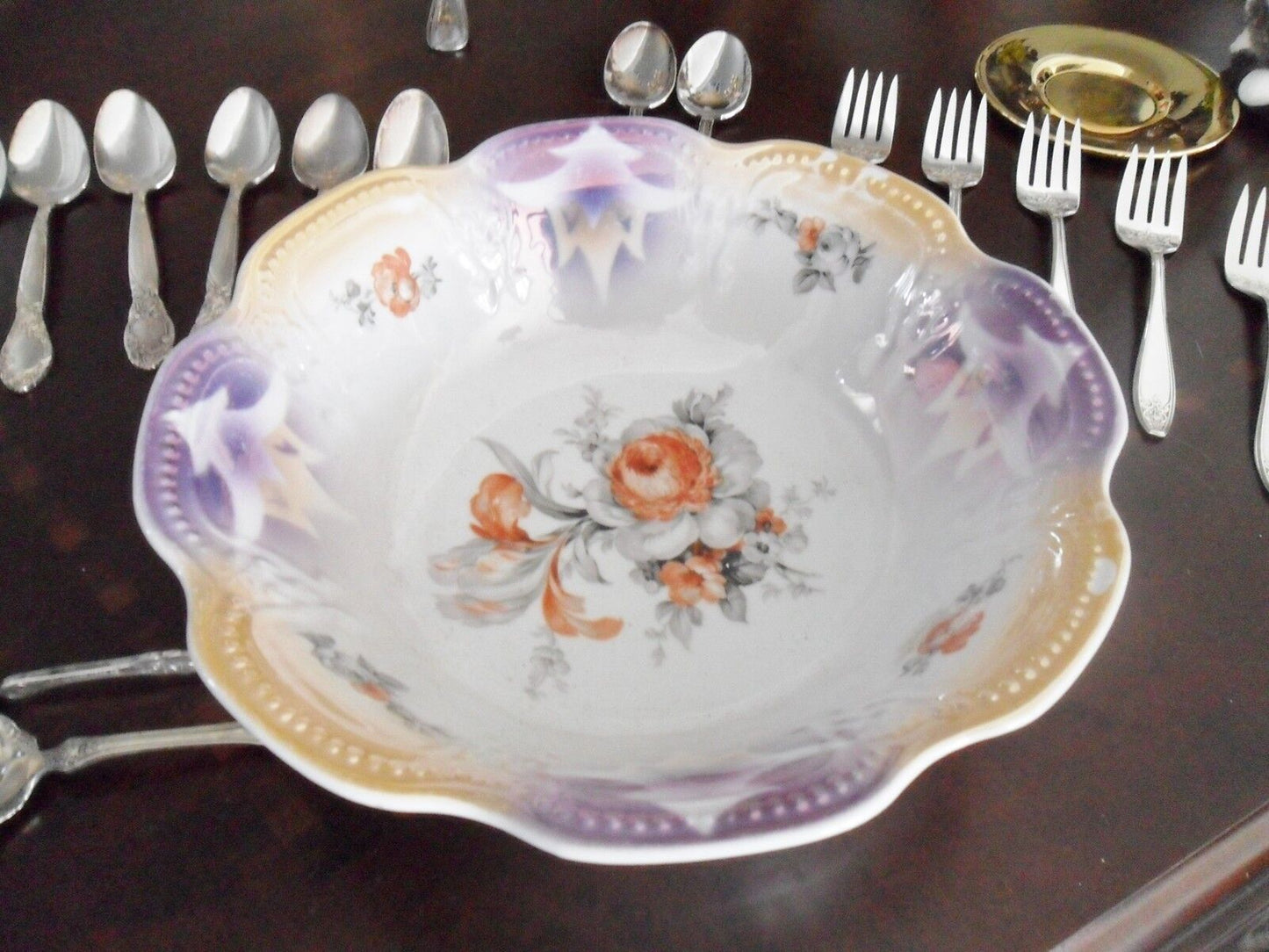 German lusterware purple, orange and roses bowl [2]