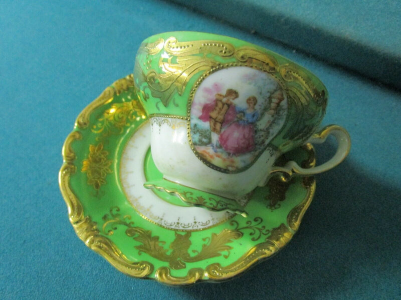 JAPAN LUSTERWARE GREEN FRAGONARD  FLORAL TEA CUP SAUCER [86]