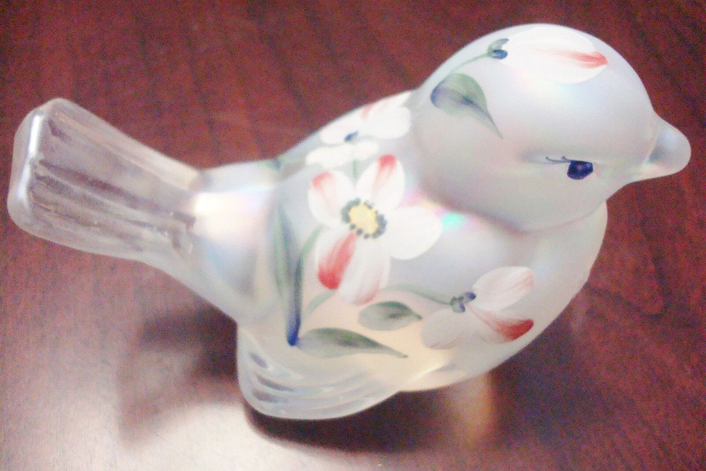 Vintage Fenton  Hand Painted Roses Signed Clear Satin Romance Roses bird [aA]