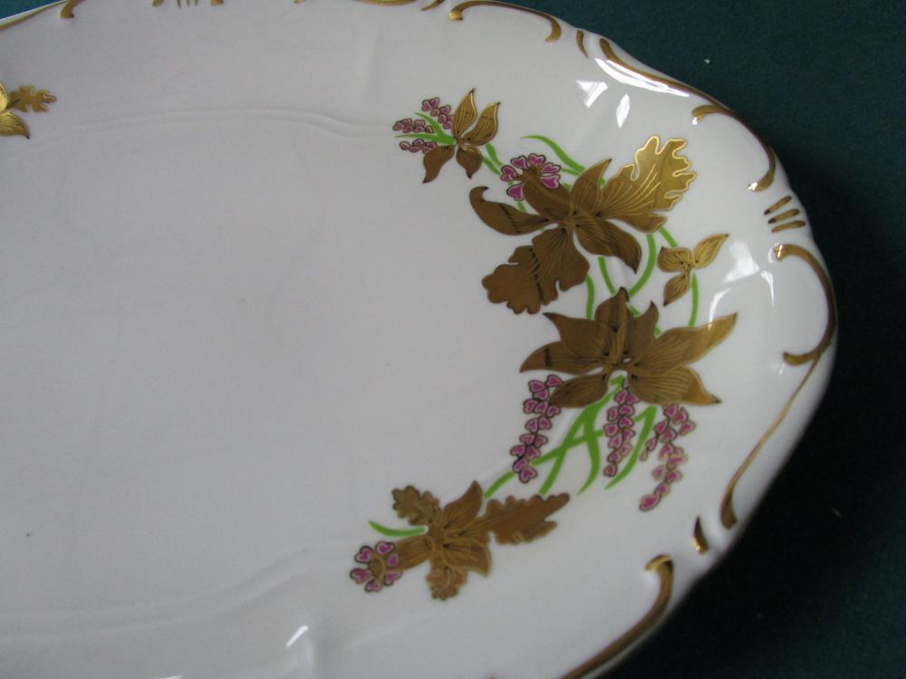 Zsolnay Hungary Oval Tray golden Iris Flowers 1940s ^^^