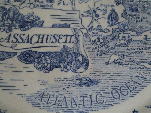 Vernon Kilns State of Massachusetts Collectible Map Plate Blue White