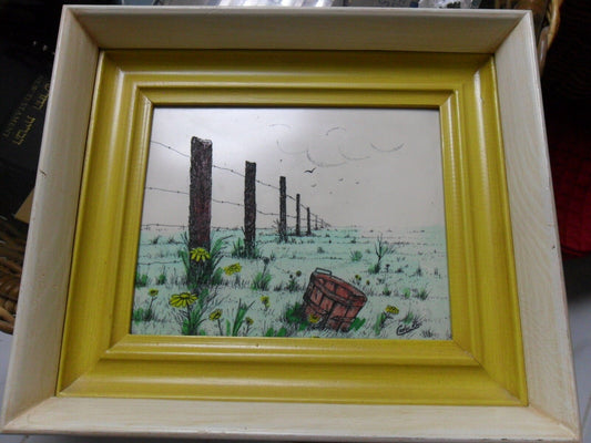 Vintage Etching on plastic? Signed Carlos Rios country scene, framed