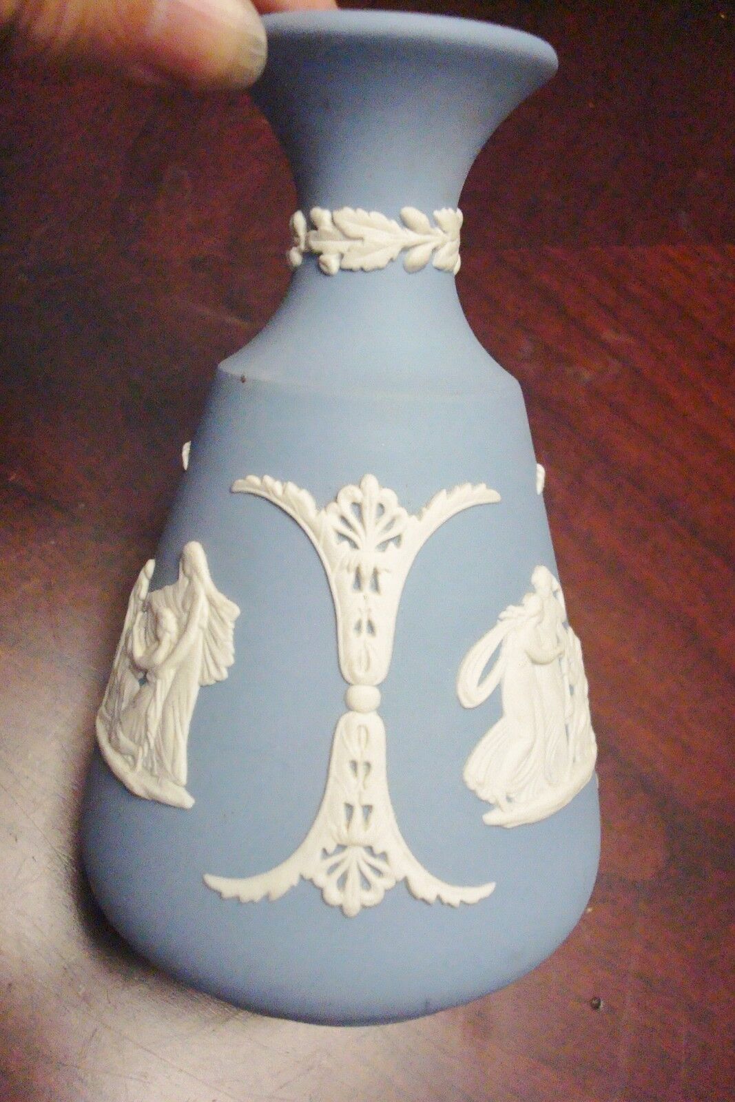 Wedgwood Blue Jasperware vase, classic decoration in white, 5" tall[A*4WHITEBX]