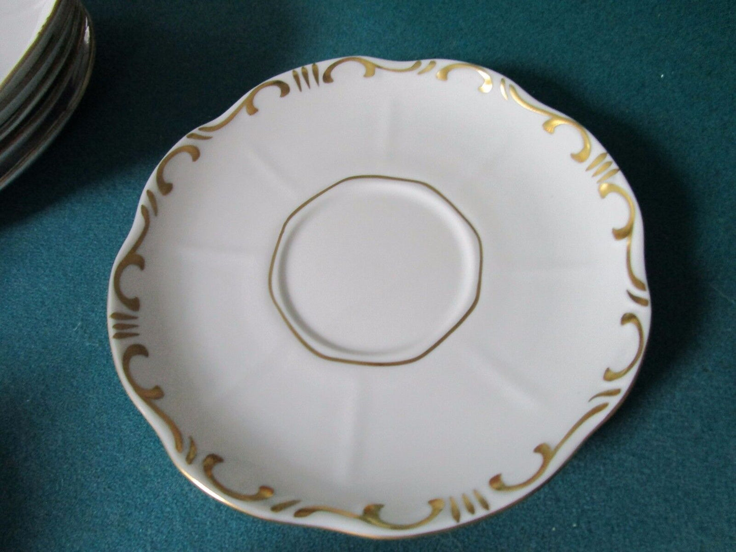 ZSOLNAY HUNGARY 6 CUPS AND SAUCERS WHITE CREAM/GOLD ACCENT, 1960s