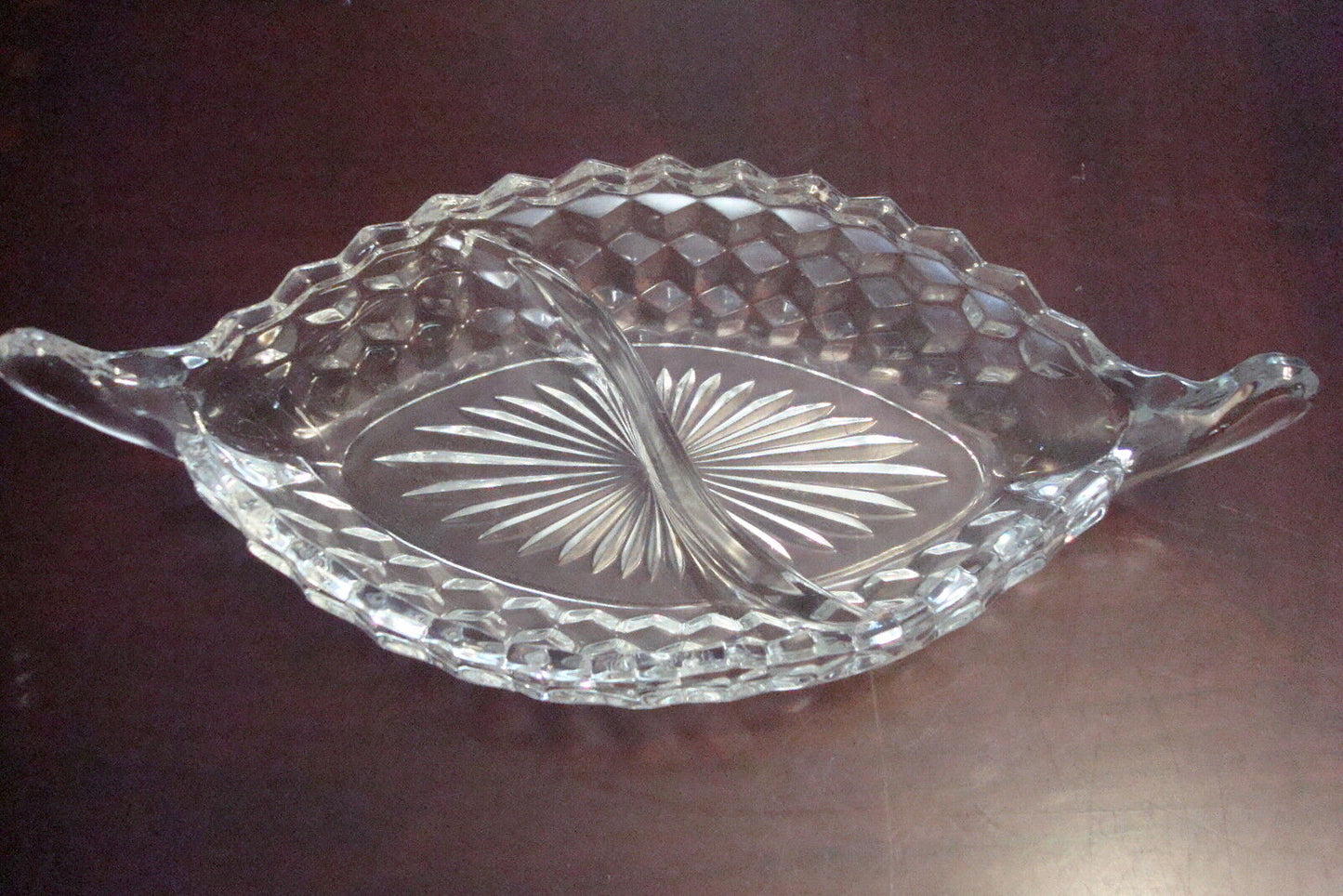 American WHITEHALL CUBIST Pattern glass relish oval tray two handles [GL-13]