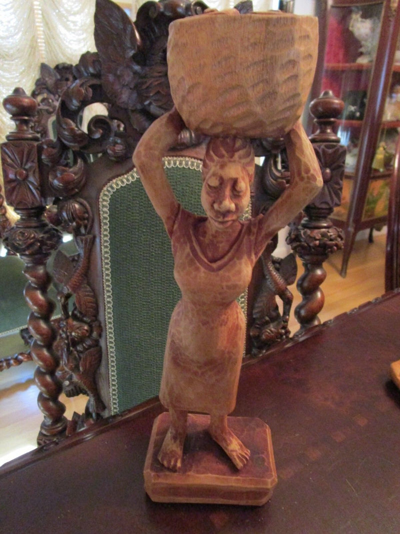Wood Carving African Woman With Basket 11" Tall Signed Louis Original^^^