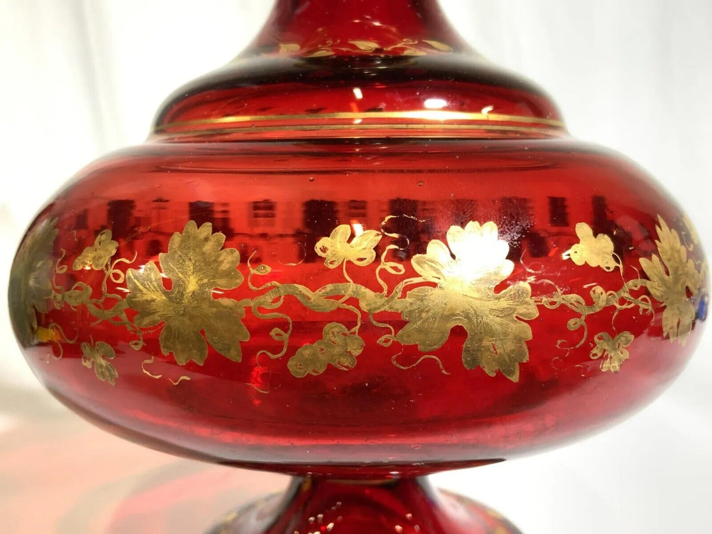 ANTIQUE BOHEMIAN GLASS RED VASE cranberry with gold gilt  floral, vine and leaf