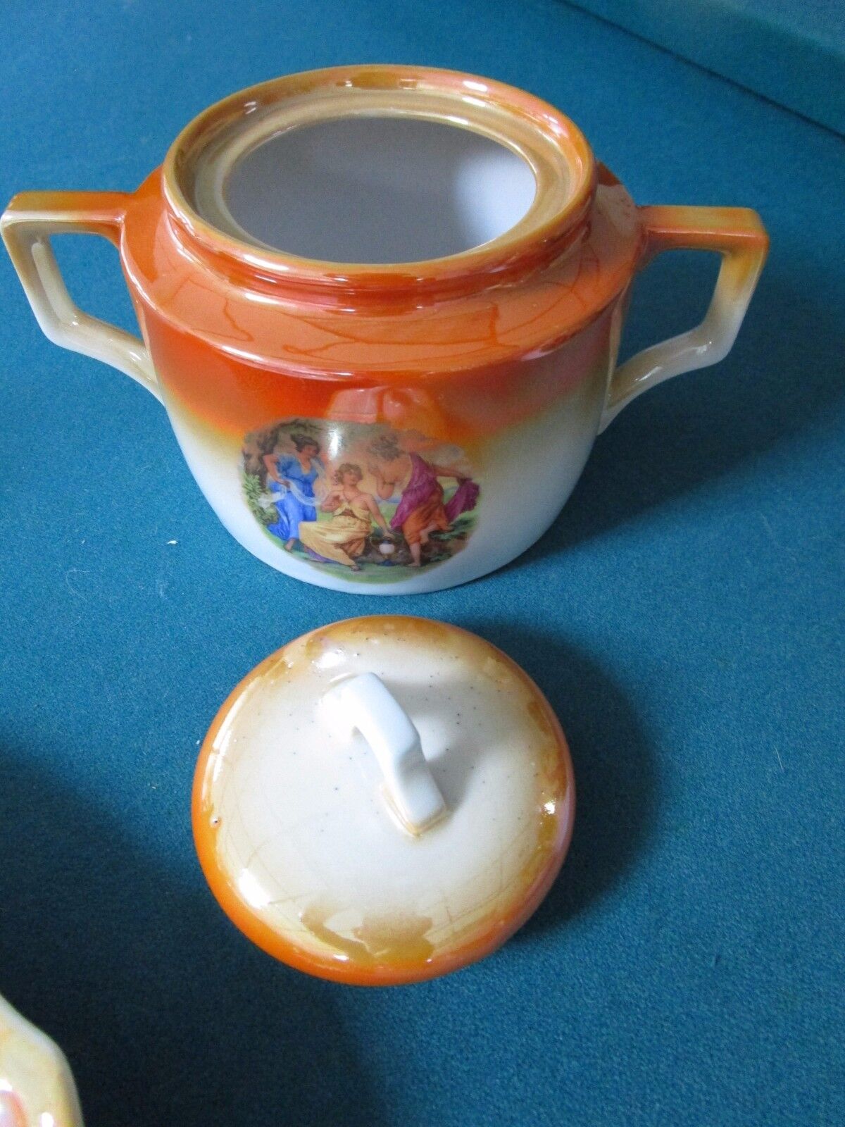 ZSOLNAY HUNGARY COFFEE SET ORANGE LUSTER DANCING MAIDENS STENCILED 1940s UNIQUE