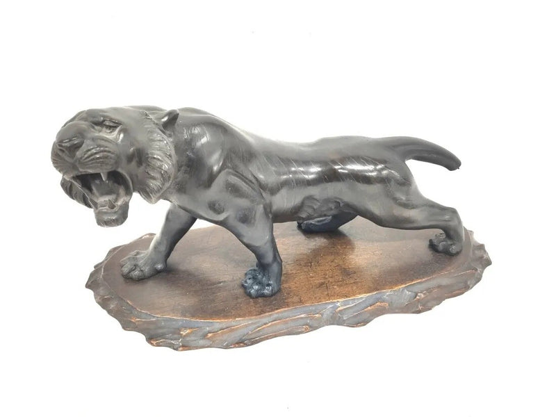 Japanese Meji Period Bronze Striped Tiger OKIMONO Sculpture Wooden Base SIGNED ^