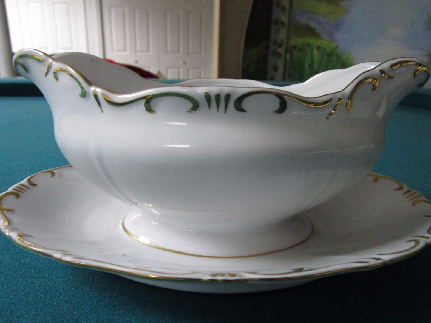 ZSOLNAY HUNGARY GRAVY BOAT WITH ATTACHED UNDERPLATE WHITE/GOLD ACCENTS 1960s