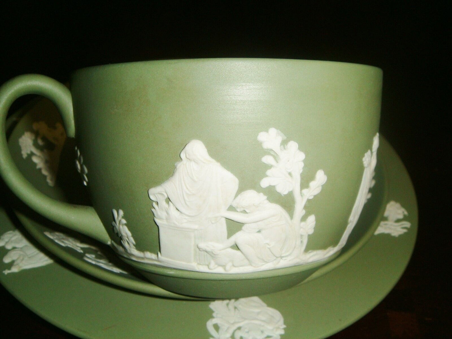 VINTAGE WEDGWOOD GREEN JASPERWARE trio cup, saucer , cake plate [80d]