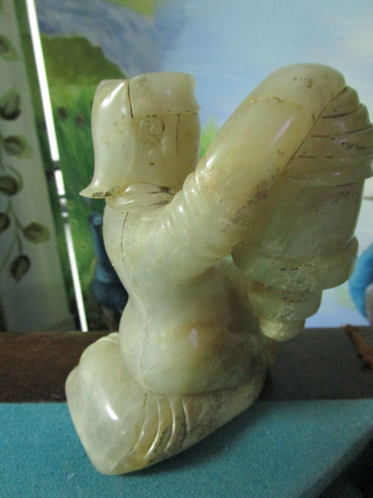 ANTIQUE CHINESE 1920s MARBLE SCULPTURE MAN WITH A LAMP IN ORIGINAL SILK BOX 6"