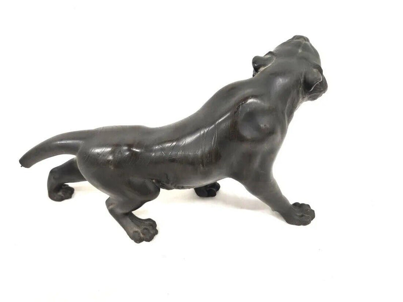 Japanese Meji Period Bronze Striped Tiger OKIMONO Sculpture Wooden Base SIGNED ^