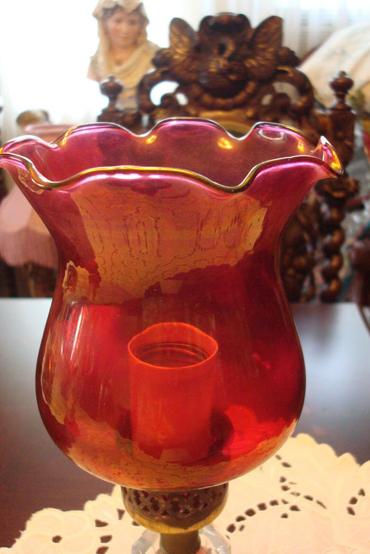 Vintage TABLE BOUDOIR LAMP , glass, brass and marble base with red shade