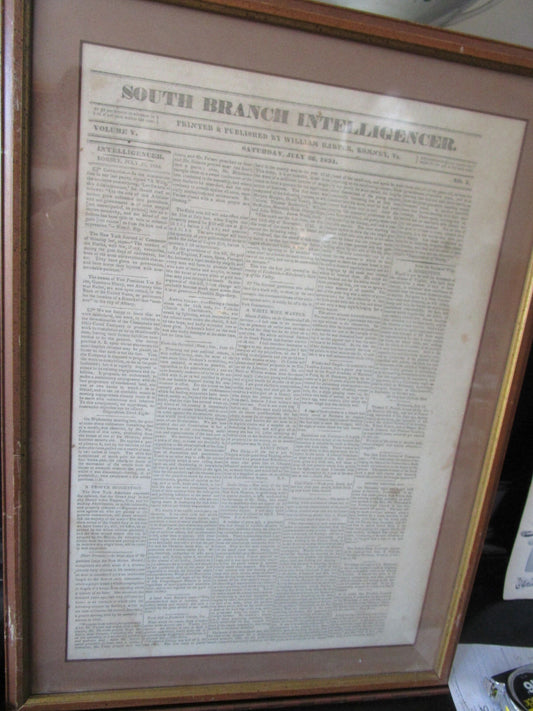 4 ANTIQUE 1830s FRAMED PAGES OF "THE SOUTH BRANCH INTELLIGENCER"