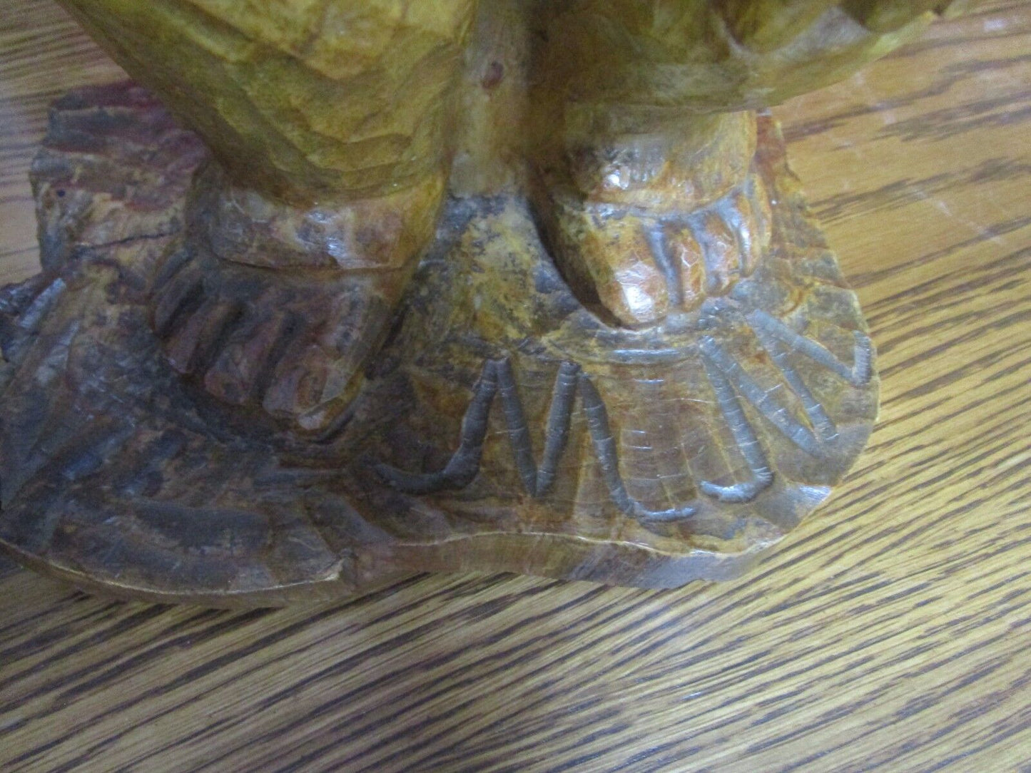 WOOD HAND CARVED sculpture Hispanic ARTIST, SIGNED "MM", POOPING MAN