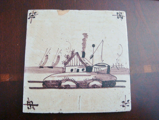 18th century salvaged Delft manganese tile depicting buildings in seashore