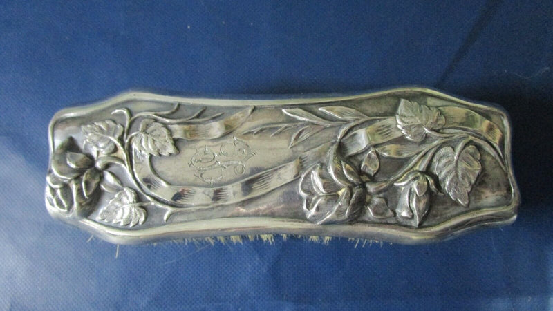 Antique horsehair clothes brush, ornate silver plate roses