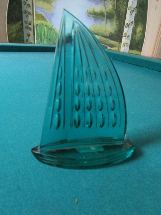 Teal Crystal Sailing Boat Paperweight 6"