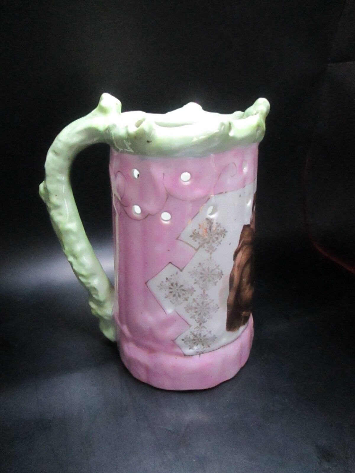 Antique German puzzle mug stein pink with a monk