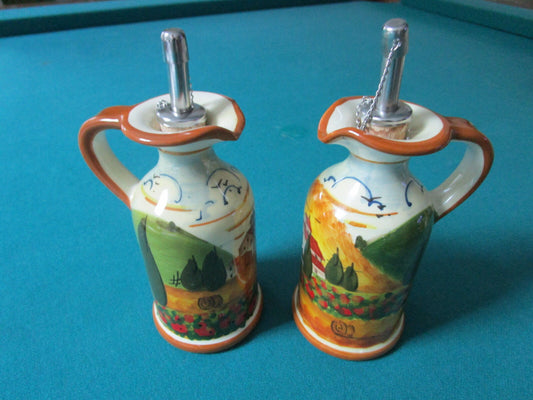 VINTAGE ITALY MAJOLICA PAIR OF OIL DECANTERS CRUET CORK POURER 5 1/2" [*117]