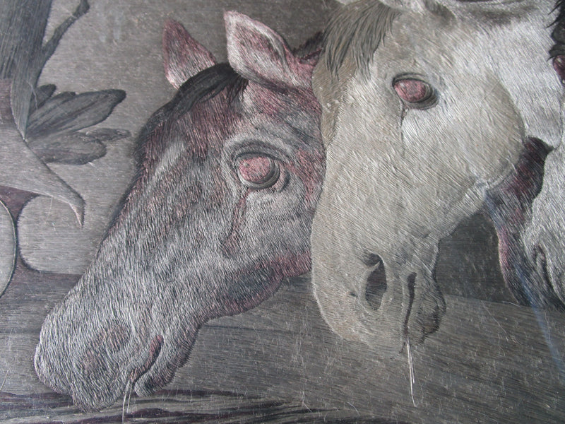 Vintage Woven Silk Painting Art Three Horses 16 1/2  12 1/2"
