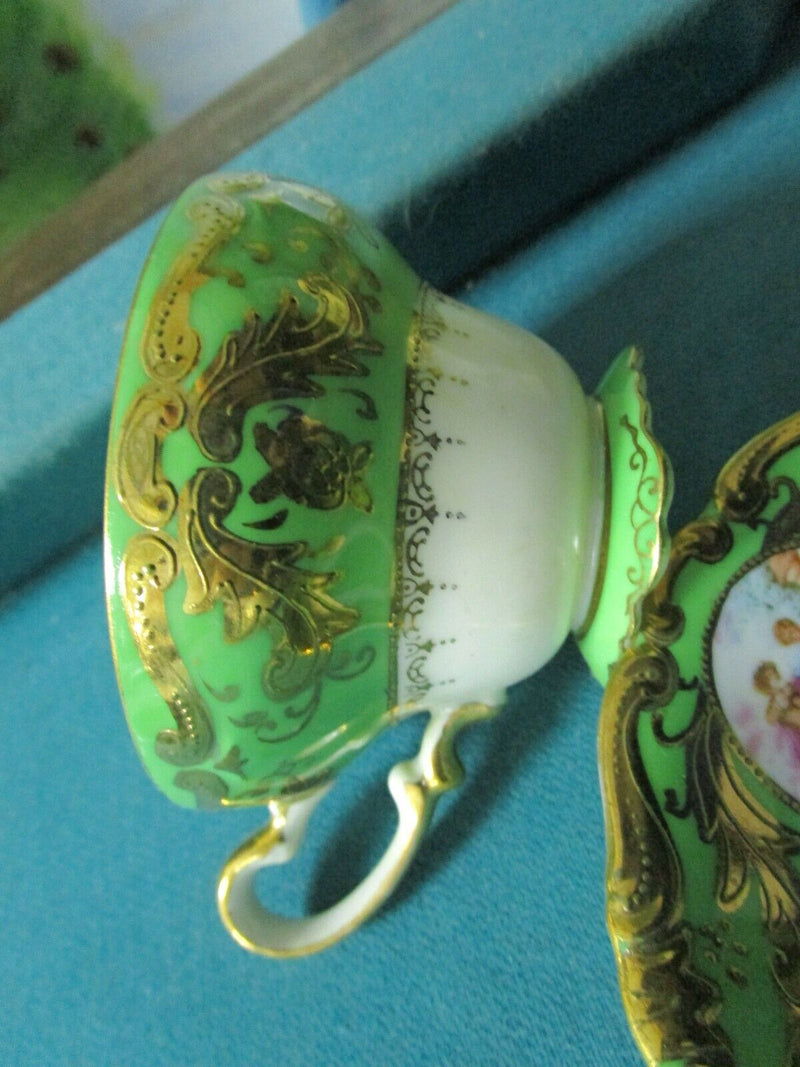 JAPAN LUSTERWARE GREEN FRAGONARD  FLORAL TEA CUP SAUCER [86]