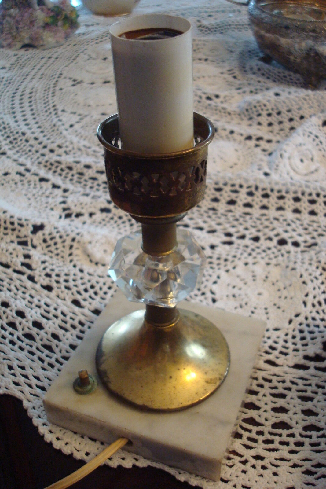 Vintage TABLE BOUDOIR LAMP , glass, brass and marble base with red shade