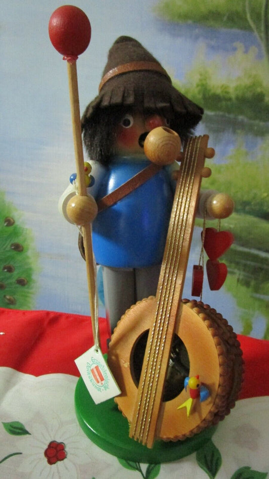 ERZGEBIRGE GUITAR SMOKER MUSIC BOX WIND UP, NEW SHOWROOM MODEL NO BOX 10"