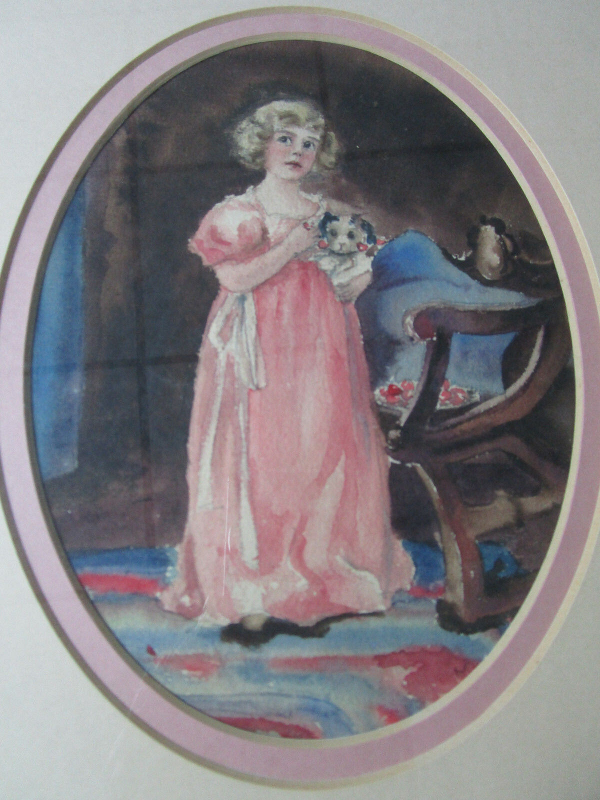 1919 MILDREN M. FORSE WATERCOLOUR GIRL IN PINK 7 1/5 X 5"