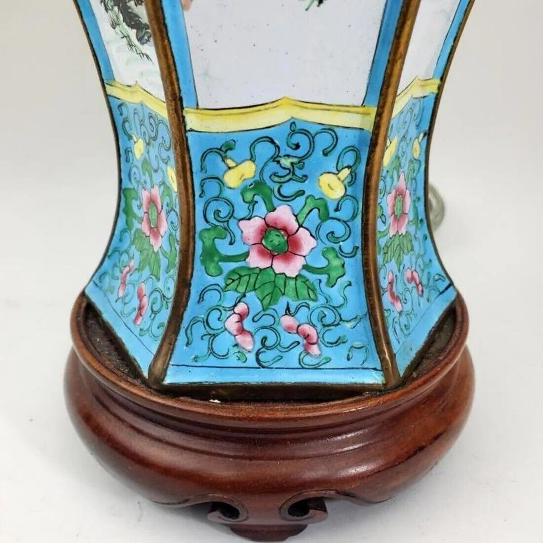 Vintage Chinese Enameled Metal Lamp on Original Wood Base