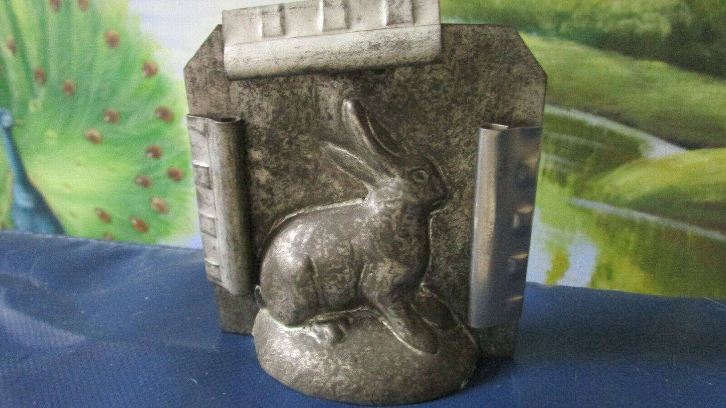 Antique BELGIAN Chocolate Mold Rabbit in Hinged Frame IRON TIN ORIGINAL