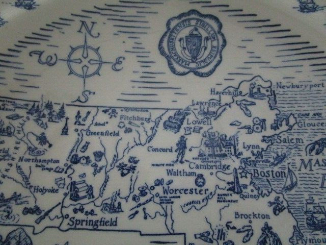 Vernon Kilns State of Massachusetts Collectible Map Plate Blue White